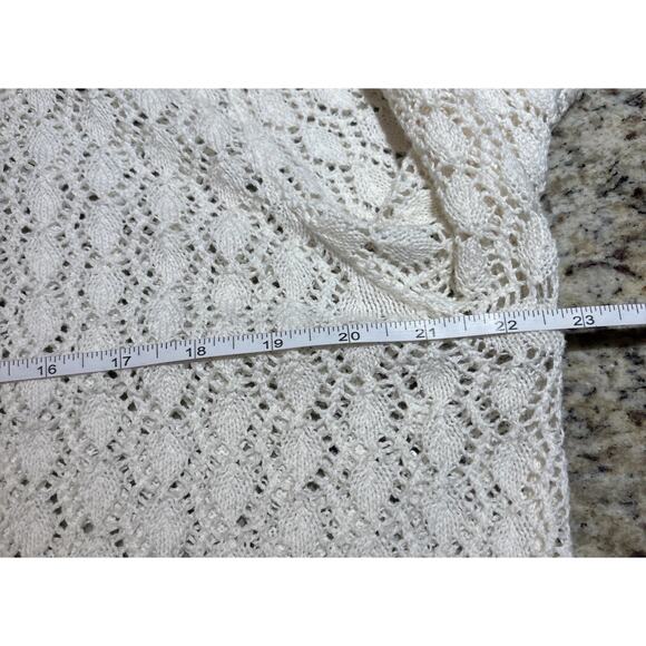 Vtg Cardigan Womens Xl Petite Knit Eyelet Scalloped 80s Cottagecore White Cream - Picture 6 of 8